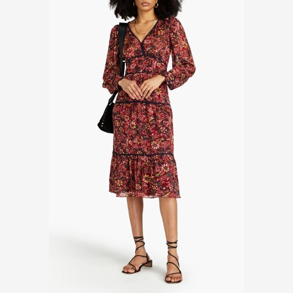 BA&SH Gigi Midi Dress Tiered All-over Floral Print Burgundy V-neck Long Sleeve - Picture 3 of 11
